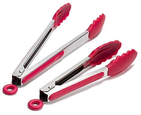 Zibo Kitchen Tongs, Made of Silicone, Nylon, Stainless Steel, Set of 2, 9 Inch & 12 Inch, Red