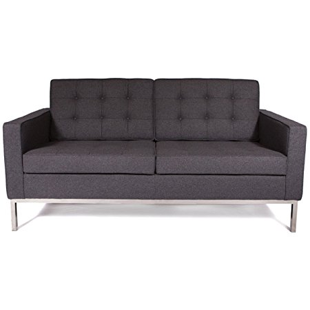 LeisureMod Florence Style Mid Century Modern Tufted Loveseat Sofa (Dark Grey Wool)