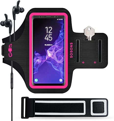 SOSONS Galaxy S9/S9  Armband, Water Resistant Sports Gym Armband Case for Samsung Galaxy S9/S9 Plus,with Card Pockets and Key Slot,Fits Smartphones with Slim Case   Extension Strap (Pink)