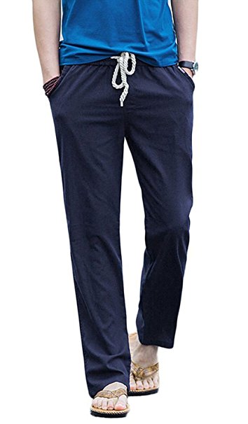 TBMPOY Men’s Linen Casual Elastic Loose Fit Straight Pants Yoga Beach Summer Trousers