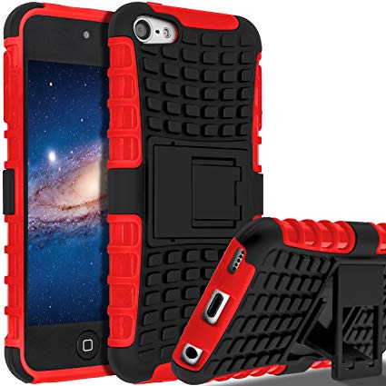 iPod Touch 6 Case,iPod Touch 5 Case, SLMY(TM) Heavy Duty Dual Layer Shockproof/Impact Resistance Hybrid Rugged Cover Case with Built-in Kickstand for Apple iPod Touch 5 6th Generation Red