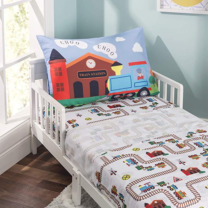 EVERYDAY KIDS 3-Piece Toddler Fitted Sheet, Flat Sheet and Pillowcase Set - Choo Choo Train - Soft Microfiber, Breathable and Hypoallergenic Toddler Sheet Set