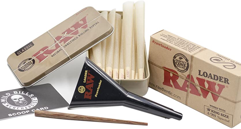 Bundle 3 Items: Raw Kings Size Cones 15 Count Raw Cone Loader Raw Metal Tin