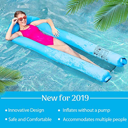 Inflatable Pool Floats Portable Floating Lounger Chair Water Hammock for Adults & Kids【2019 Upgraded】 440lb Capacity No Leak Ripstop Fabric Fast Inflated No Pump Needed,with Compact Carry Bag