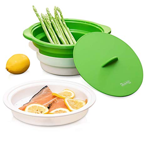 Michelangelo Microwave Steamer Collapsible Bowl, Vegetable Steamer with Handle & Lid for Meal Prep with Detachable Colander, Microwave Cookware BPA FREE, Dishwasher Safe