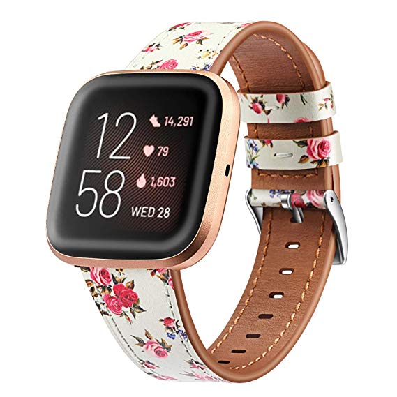 Fintie Bands for Fitbit Versa 2 / Fitbit Versa Lite/Fitbit Versa, Genuine Leather Band Replacement Accessories Strap Wristband, Flower