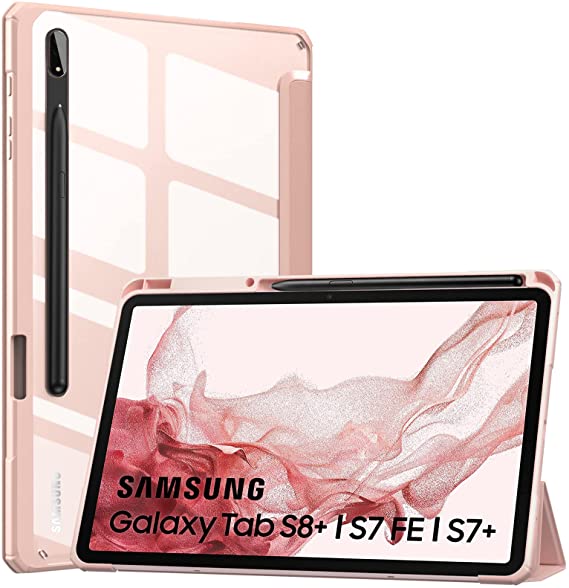 MoKo Case Fits Samsung Galaxy Tab S8   12.4 2022 (SM-X800/X806) / Tab S7 FE 12.4-Inch 2021 / Tab S7 Plus 12.4 2020 with S-Pen Holder, Transparent Back Tablet Cover with Auto-Wake, Rose Gold