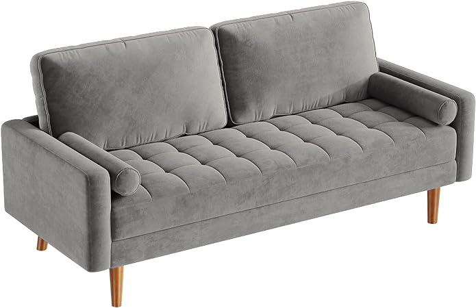 Vesgantti Velvet Couch 70‘’, 3 Seater Loveseat Sofa, Mid Century Modern Couches for Living Room, Comfy Velvet Sofa with 2 Pillow, Button Tufted Sofa for Bedroom, Home Office, Grey