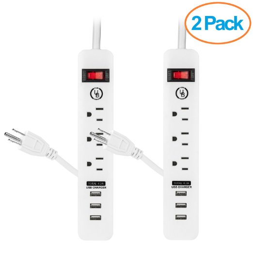 Yubi Power 3-Outlet Surge Protector Power Strip with Triple 4.1A USB Charging Ports with 900J Surge Protector - with Circuit Breaker - 6 ft Extension Cord, ETL Listed - 2 Pack