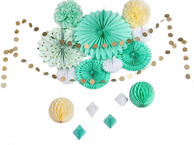 Paper Decoration Kit Tissue Pom Poms Flowers Paper Fans Pinwheel Gold Circle Garlands for Birthday Baby Shower Bridal Shower Wedding New Year Decor 16 Pieces SUNBEAUTY