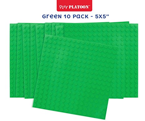 Building Brick Base Plates - Green 10 Pack of 5" x 5" Baseplates - Compatible with All Major Building Block Toys
