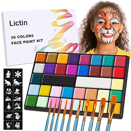 Lictin Water Based Face Paint - 36 Colors Professional Face Painting Kit (20 Classic Colors 8 Metal Colors 8 UV Glow Colors), Halloween Makeup Kit for Adults and Kids