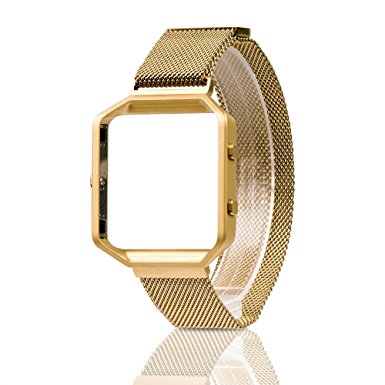 For Fitbit Blaze Band With Metal Frame, Wearlizer Milanese Loop Smart Watch Band Replacement Stainless Steel Bracelet Strap for Fitbit Blaze - Gold Large