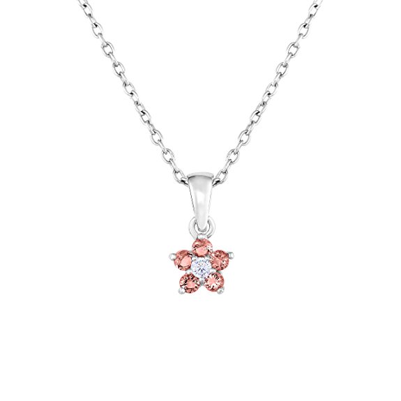 Flower Pendant Necklace in Sterling Silver with Simulated Birthstone CZ for Girls, 16"