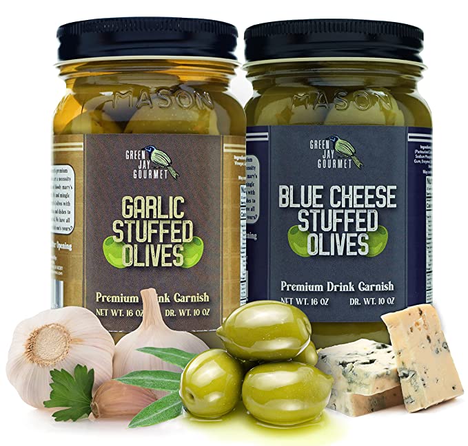 Green Jay Gourmet Garlic & Blue Cheese Stuffed Olives – Stuffed Green Olives for Cocktails & Cheese Board Recipes – Dirty Martini Olives & Cocktail Olives – Gourmet Olives – All Natural – 2 x 16 Ounce
