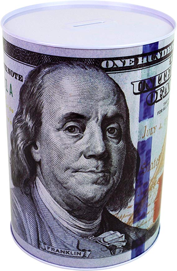 $100 Dollar Bill Piggy Bank 8.5" Tall Coin Saving Money Currency Benjamin Franklin C Note Tin Can Banknote Jar by Spreezie