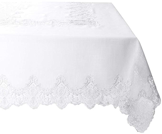 Violet Linen Imperial Embroidered Vintage Lace Design Tablecloth, 70" x 216", White