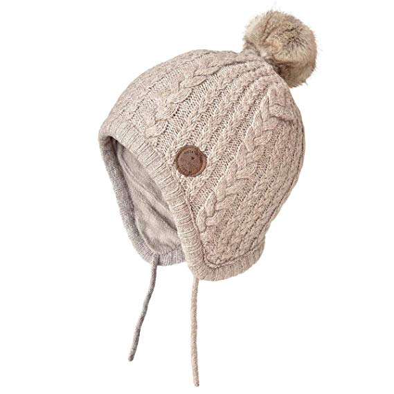 SOMALER Toddler Kids Winter Ear Flap Beanie Hat Boy Girl Fur Pompom Knit Hats