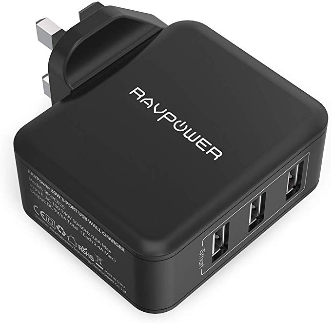 RAVPower USB Wall Charger, USB Charger Plug 30W 3 Port Mains Adapter Plug for iPhone 11/11 Pro Max, Galaxy S9/ S8, iPad Pro 2018 and More–Black