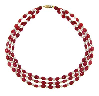 La Regis Jewelry 14k Yellow Gold 6x9mm Simulated Red Ruby 4.5-5mm White Freshwater Cultured Pearl 3rows Necklace, 16"