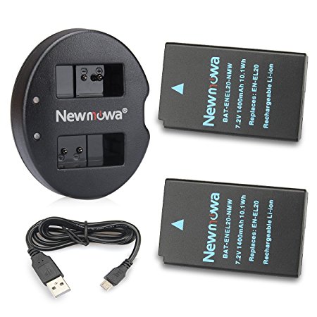 Newmowa EN-EL20 Battery (2 pack) and Dual USB Charger for Nikon EN-EL20, Nikon EN-EL20a, Nikon 1 J1, Nikon 1 J2, Nikon 1 J3, Nikon 1 S1, Nikon 1 V3, Nikon Coolpix A, Nikon 1 AW1 and Blackmagic Pocket Cinema Camera