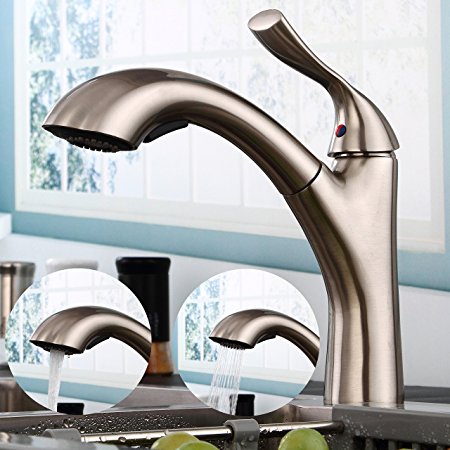 Fyeer Pull Out Style Kitchen Sink Faucet, Full Brass, Brushed Nickel, Single Handle Contemporary Design, Lead Free Certified, Hot&Cold Mixer, Easy Installation Kitchen Faucet
