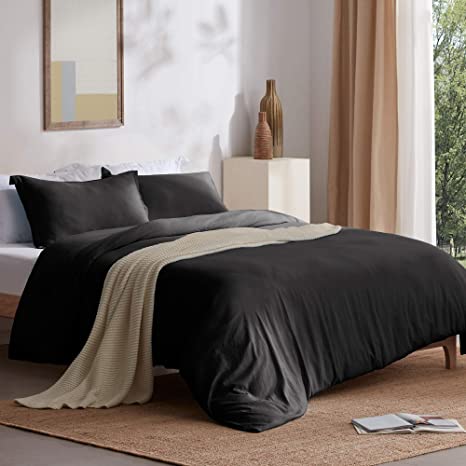 SLEEP ZONE Bedding Duvet Cover Sets 100% Washed Microfiber 68x90 inch Temperature Management 120gsm Ultra Soft Zipper Closure Corner Ties 2 PC, Washed Black, Twin