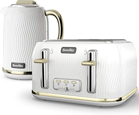 Breville Flow Kettle and Toaster Set | 1.7 Litre Electric Kettle | 4 Slice Toaster with High-Lift and Wide Slots | White and Gold [VKT185 and VKT976]