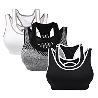 Yolev Sports Bra Double Layer Seamless Workout and Gym Racerback Yoga Bra Pack of 3