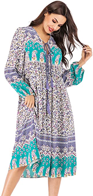 R.Vivimos Women's Long Sleeve Floral Print Retro V Neck Tassel Bohemian Midi Dresses