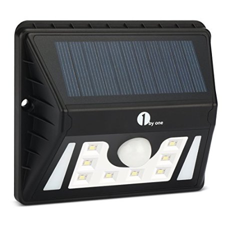 1byone Weatherproof Solar Powered Outdoor LED Light with Security Motion Sensor - Charges on Daytime, Emits Bright Light at Night - With 3 different modes