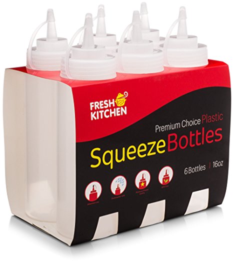 Premium Plastic Squeeze Bottles by Fresh Kitchen | 6 Pack of 16 Ounce Restaurant Quality Condiment and Sauce Plastic Containers for Dressings, Oil, BBQ, Ketchup, Syrup and Arts and Crafts