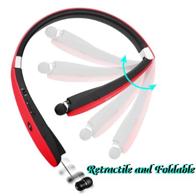 LBell Bluetooth Headset, [Update Version] Wireless Bluetooth V4.1 Foldable & Retractable Neckband Headphones (Red)