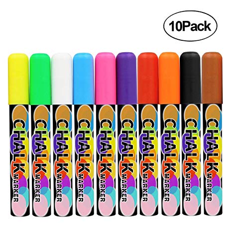 Ledes Liquid Chalk Markers, 10 Pack Glass & Window Markers & Erasable Pens (Reversible Tip, Neon), Water-Based & Eco-Friendly Chalkboard Markers