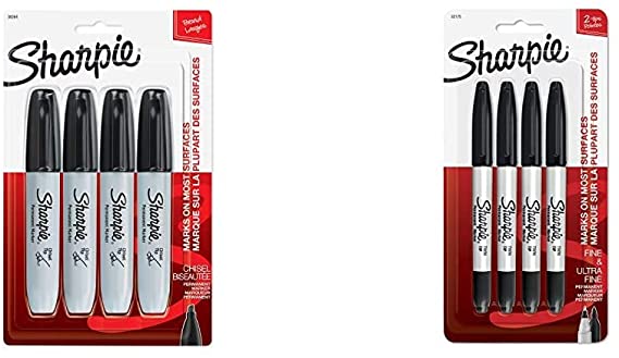 Sharpie Permanent Markers, Chisel Tip, Black, 4 Count & Twin Tip Permanent Markers, Fine & Ultra-Fine Points, Black, 4 Pack (32175PP)