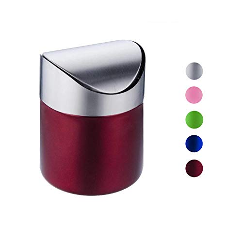 Mini Trash Can with Lid, Brushed Stainless Steel Small Tiny Mini Trash Bin Can, Mini Countertop Trash Cans for Desk Car Office Kitchen, Swing Top Trash Bin 1.5 L/0.40 Gal (Red)