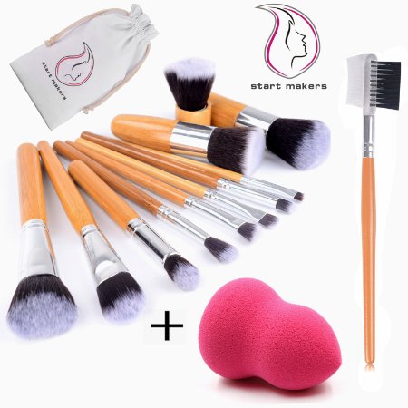 Start makers ® 12 1 Piece Professional Makeup Brushes - 12pcs Bamboo Handle Make up Brushes  1pcs Makeup Sponge - Natural Soft Kabuki Make up Brush Set - Face Eye Makeup Kits Set with Travel Pouch