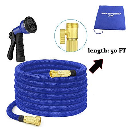 Advaka 50FT Durable Expandable Heavy Duty Fabric Expanding Garden Water Hose Set with 8 Pattern Spray Nozzle, Solid Brass Connector Fitting for Plants, Cleaning Windows, Washing Cars, Dogs (Blue)