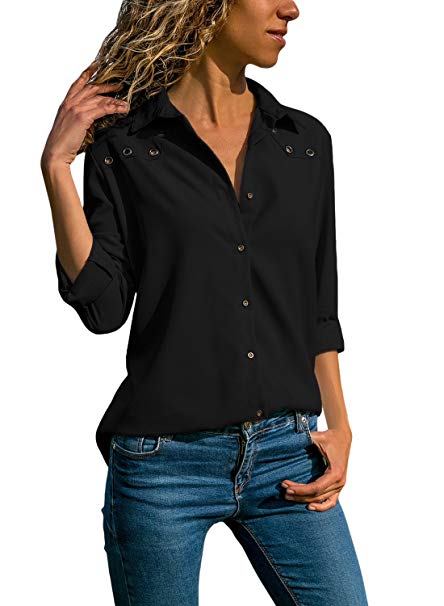 Ecrocoo Women V Neck Cuffed Long Sleeves Button Down Casual Chiffon T Shirt Blouse Soild Tops