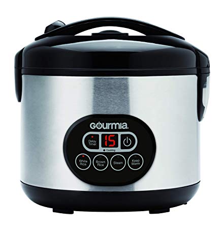 Gourmia GRC770 12 Cup (Cooked) Rice Cooker and Steamer For Grains and Hot Cereal - Steam Basket - Digital Display - Keep Warm - Delay Timer - 500W- Stainless Steel - Bonus Cookbook