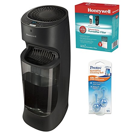 Honeywell HEV620B Top Fill Tower Humidifier with Digital Humidistat, Black W/ Extra Filter and ProTec Cleaning Cartridges