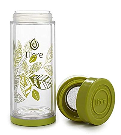 Libre 14oz Glass Tea Infuser Bottle with Mesh Strainer for Loose Leaf Tea, Matcha, Fruit, and Cold Brew Coffee, BPA-Free, Lively Leaves Green