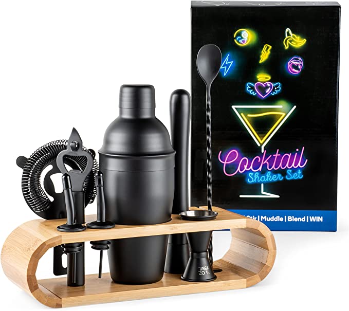 Complete Home Bartender Kit With Stand- 9-Piece Stainless Steel Cocktail Set With Boston Shaker, Double Jigger, Mixing Spoon, Strainer, Bottle Opener, Muddler, 2 Pourers & Bamboo Stand- Matte Black