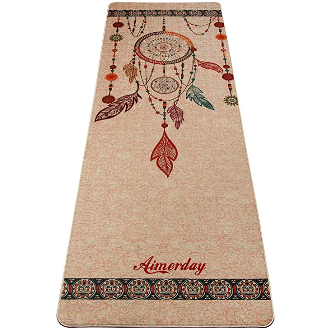 AIMERDAY Jute Yoga Mat 5mm Thick Non Slip Eco-Friendly Non Toxic 72 inch Extra Long Natural Organic Rubber Exercise & Fitness Floor Mats with Free Carry Strap for Pilates, Hot Yoga, Bikram, Workout