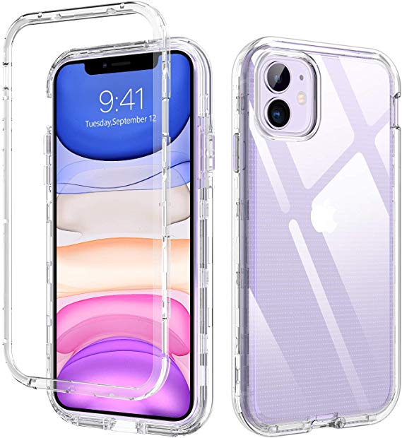 DUEDUE iPhone 11 Case Clear, 3 in 1 Shockproof Drop Protection Heavy Duty Hybrid Hard PC Transparent TPU Bumper Full Body Protective Case for iPhone 11 6.1 inch(2019),Clear