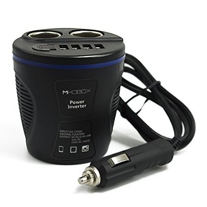 Mikobox 80W 12V Car Cup Inverter Dual Cigarette Lighter Socket Splitter and 4 USB Charging Ports(MAX 7.2A) with LED Voltage Display Black