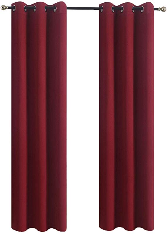 Aquazolax Kitchen Window Blackout Curtains Thermal Insulated Blackout Window Curtain Drapes 42x63 Solid Readymade for Living Room, 1 Pair, Burgundy Red