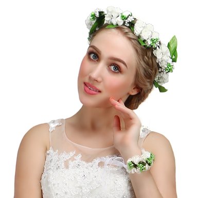 Valdler Flower Wreath Headband Floral Crown Garland Halo with Floral Wrist Band for Wedding Festivals