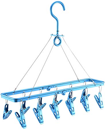 Senbowe Foldable Clip and Drip Hanger, Clothes Hanging Drying Rack Sock Hanger Underwear Hanger with 12 Clips, Hanger for Towels, Bras, Baby Clothes, Gloves, Aluminium Alloy Laundry Hanging Air Dryer