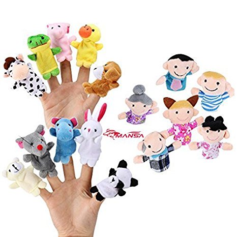 16 Pack Finger Puppet Set - MANSA 10 Animals   6 People Family Members Educational Toys for Children, Story Time, Shows, Playtime, Schools